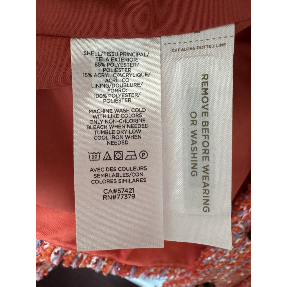 Ann Taylor Tweed Jacket 12Tall Fringe Edge Orange Spark Lined Decorative Buttons - Picture 10 of 11
